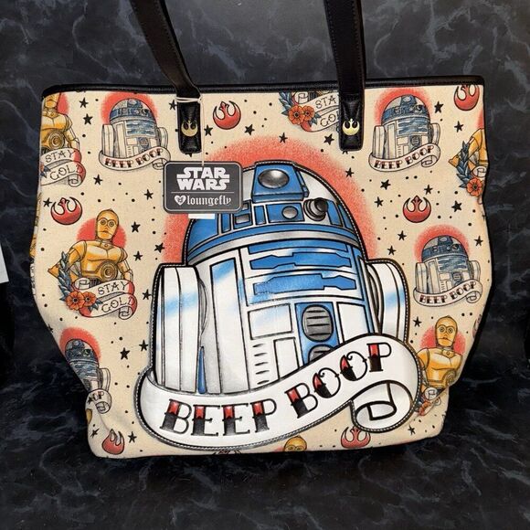 NWT Star Wars Loungefly Tote Bag R2d2 Beep Boop Shoulder Bag Tattoo Style - Picture 3 of 11